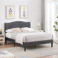 Full Bed Frame with Upholstered Headboard and Wooden Slats, Dark Grey F35349