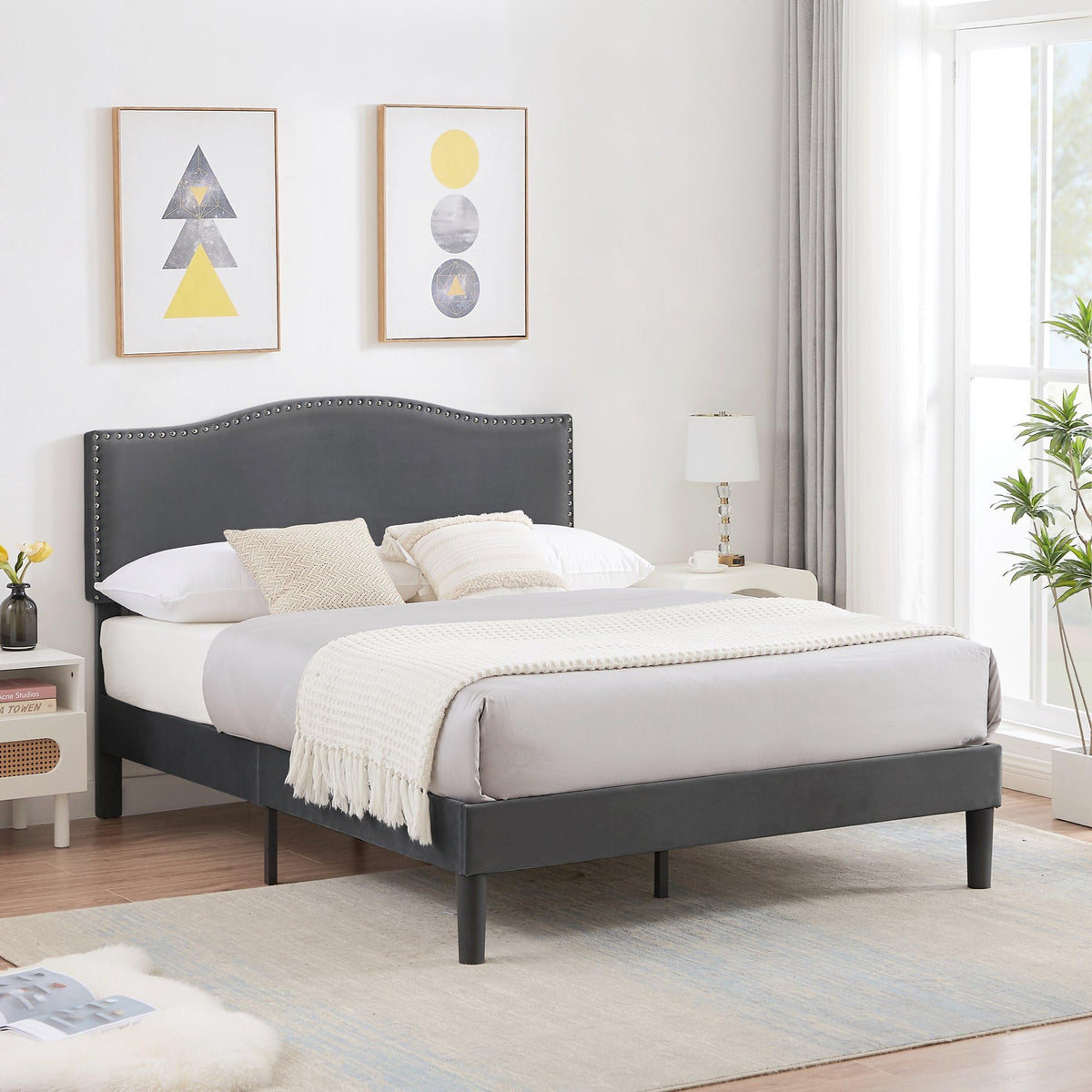 Full Bed Frame with Upholstered Headboard and Wooden Slats, Dark Grey F35349