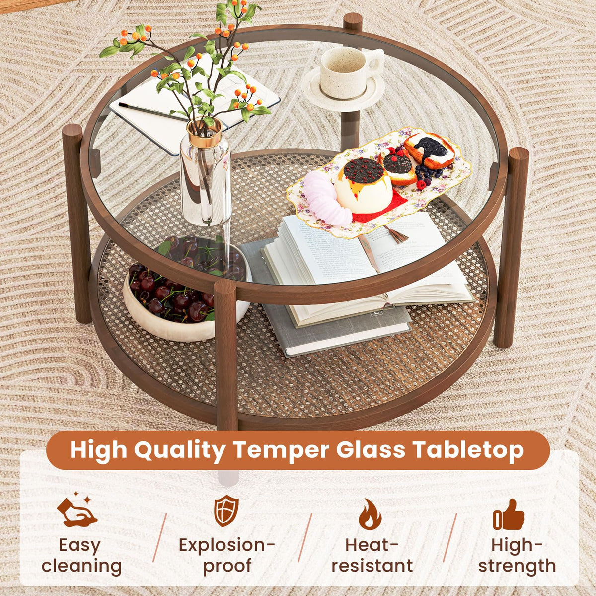 Rattan Round Glass Coffee Table with Storage Shelf U43660