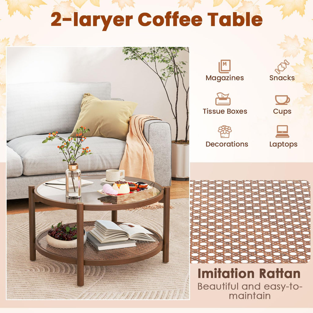 Rattan Round Glass Coffee Table with Storage Shelf U43660