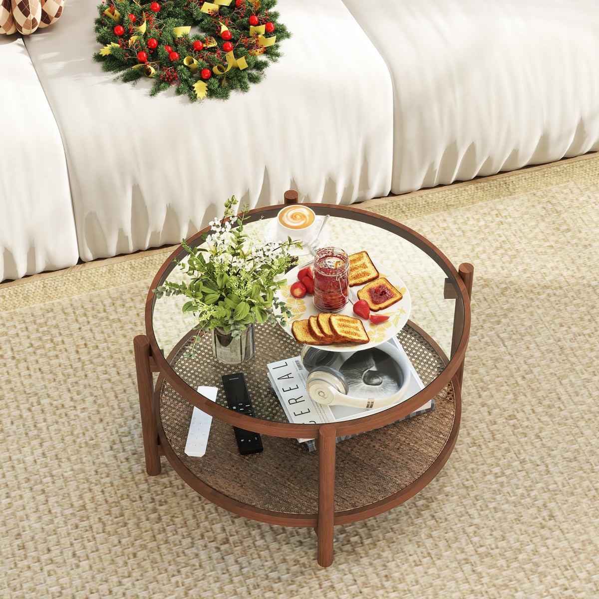 Rattan Round Glass Coffee Table with Storage Shelf U43660