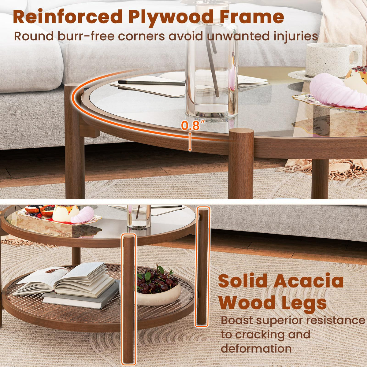 Rattan Round Glass Coffee Table with Storage Shelf U43660