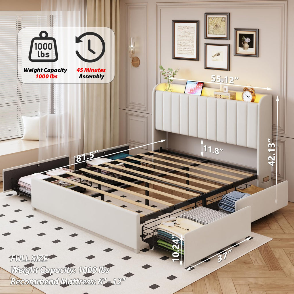 Beige Upholstered Full Size Bed Frame with 4 Drawers and Storage Headboard P46875