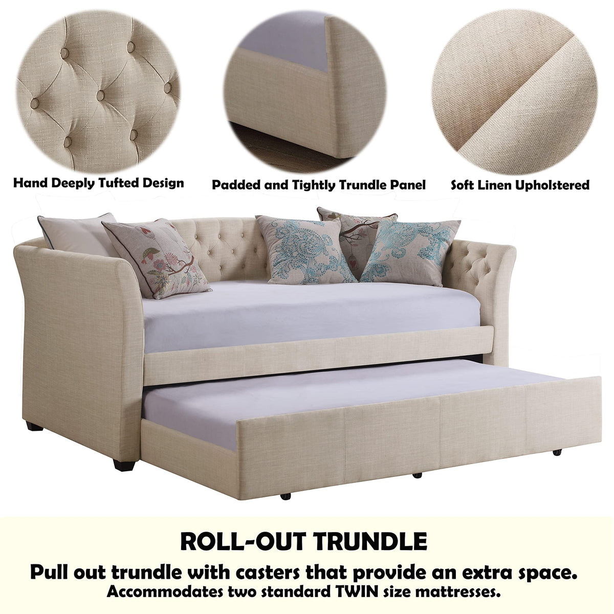 Beige Velvet Tufted Upholstered Twin Daybed with Trundle S48248