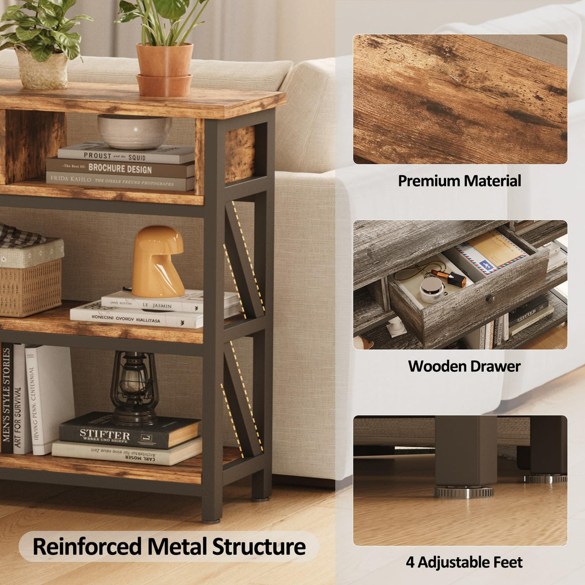 47 Inch Rustic Brown Console Table with Drawer Shelves Q970