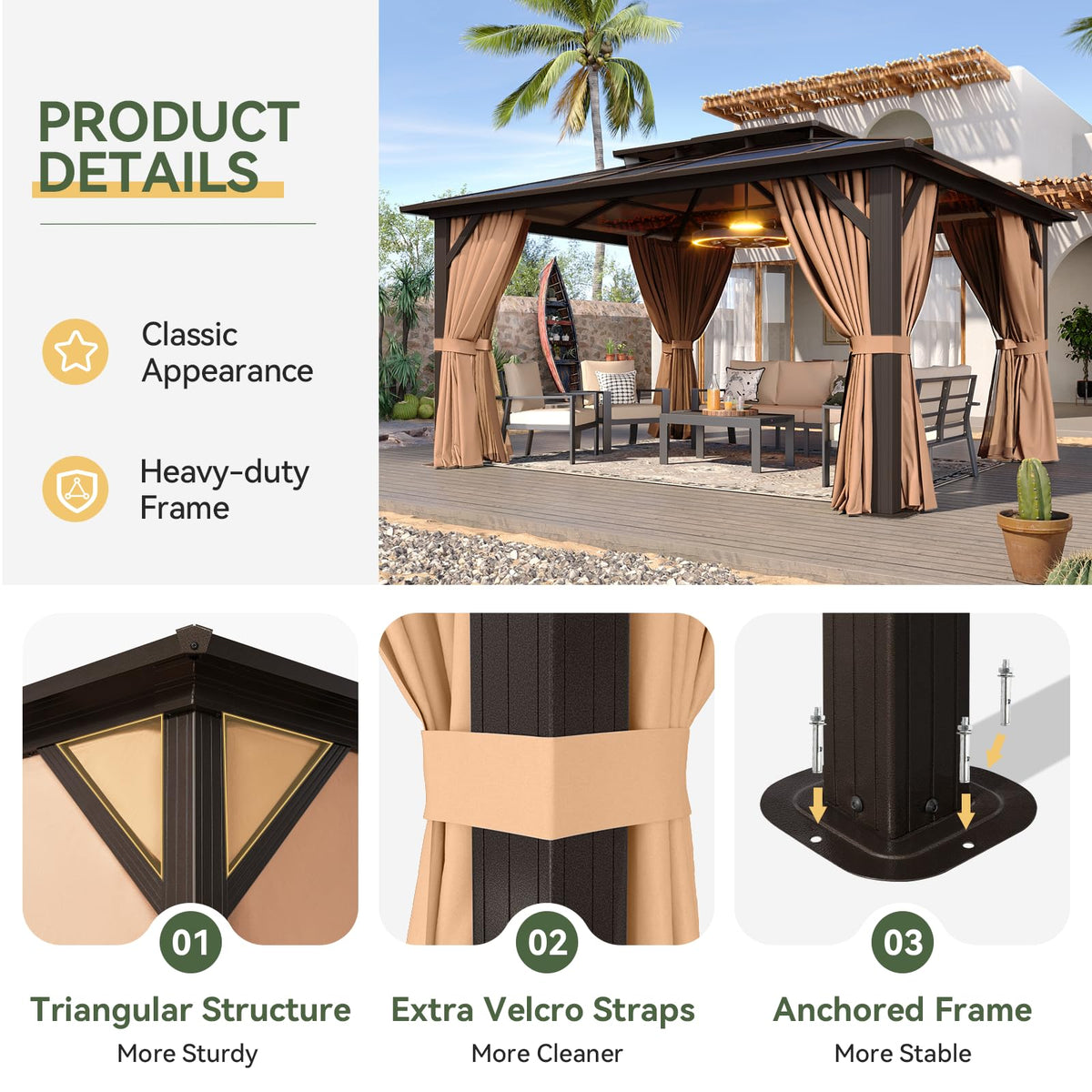 12'x10' Hardtop Gazebo with Polycarbonate Double Roof G1764