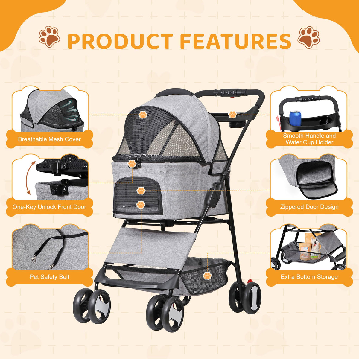 3 in1 Foldable Pet Stroller with 4 Wheels E8761