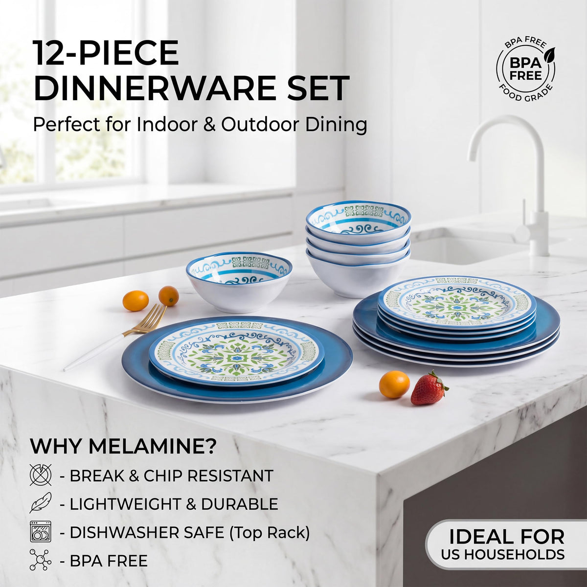 Melamine Dinnerware Set for 4, 12-Piece Blue Floral L978469