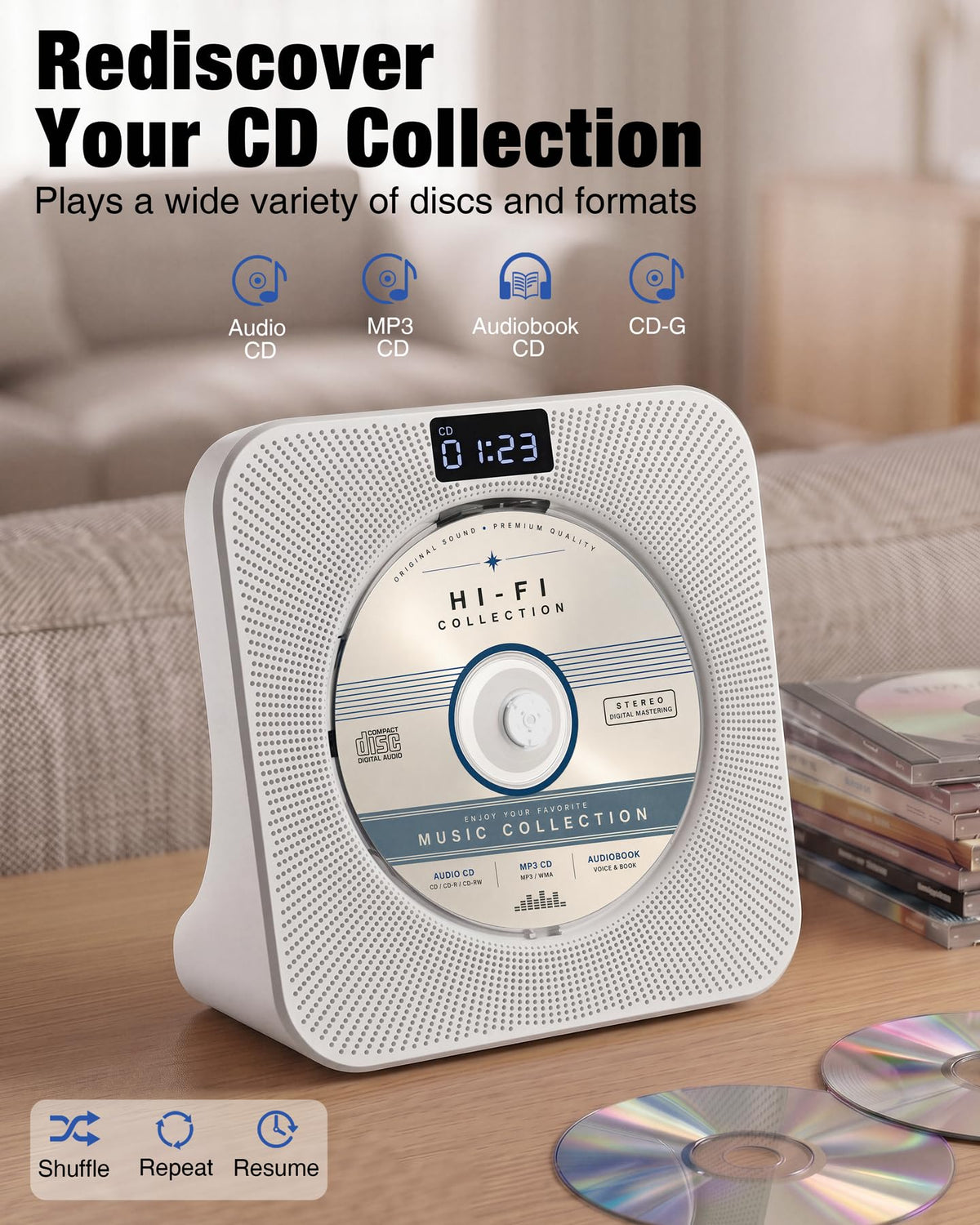 Portable CD Player with Bluetooth FM Radio USB White H193363