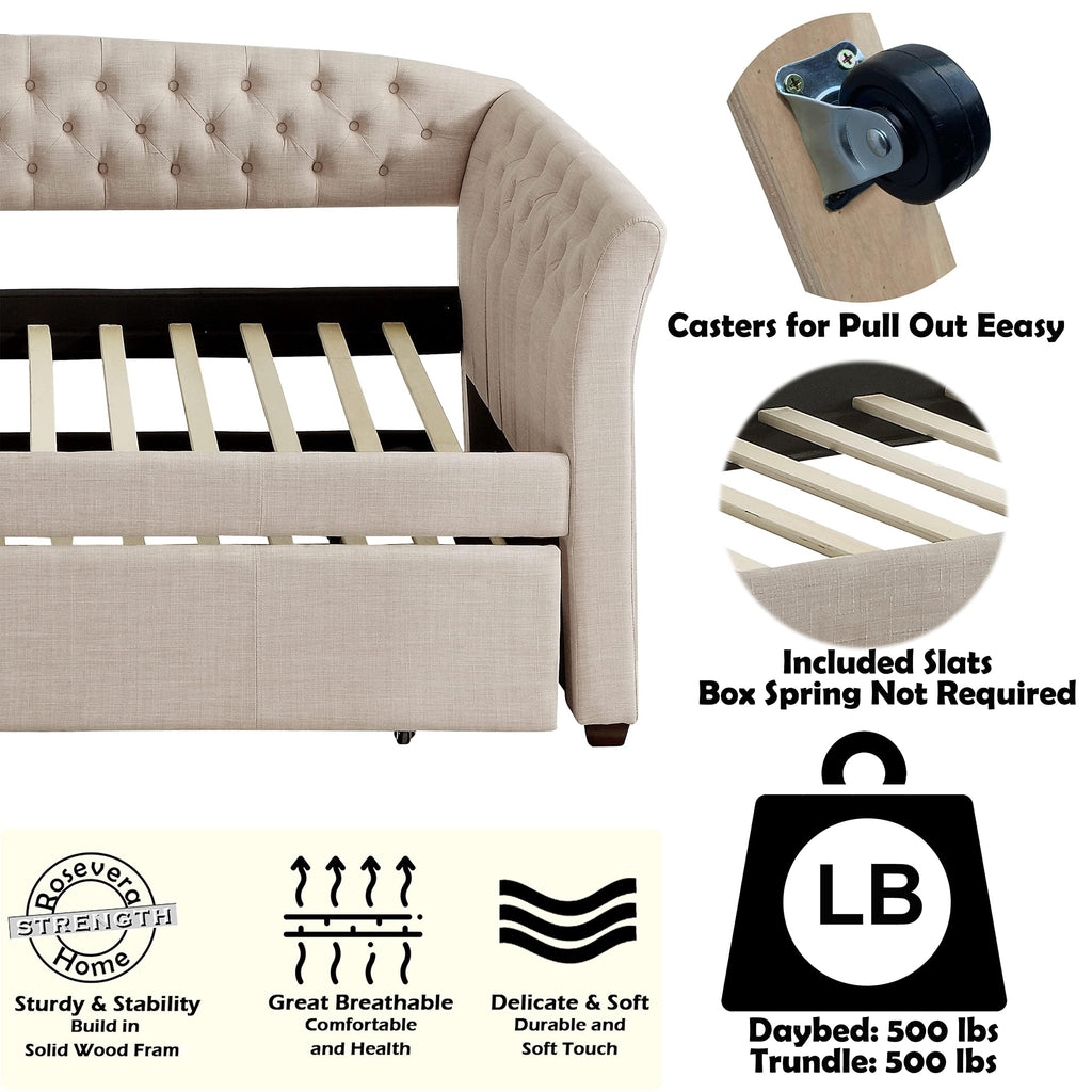 Beige Velvet Tufted Upholstered Twin Daybed with Trundle S48248