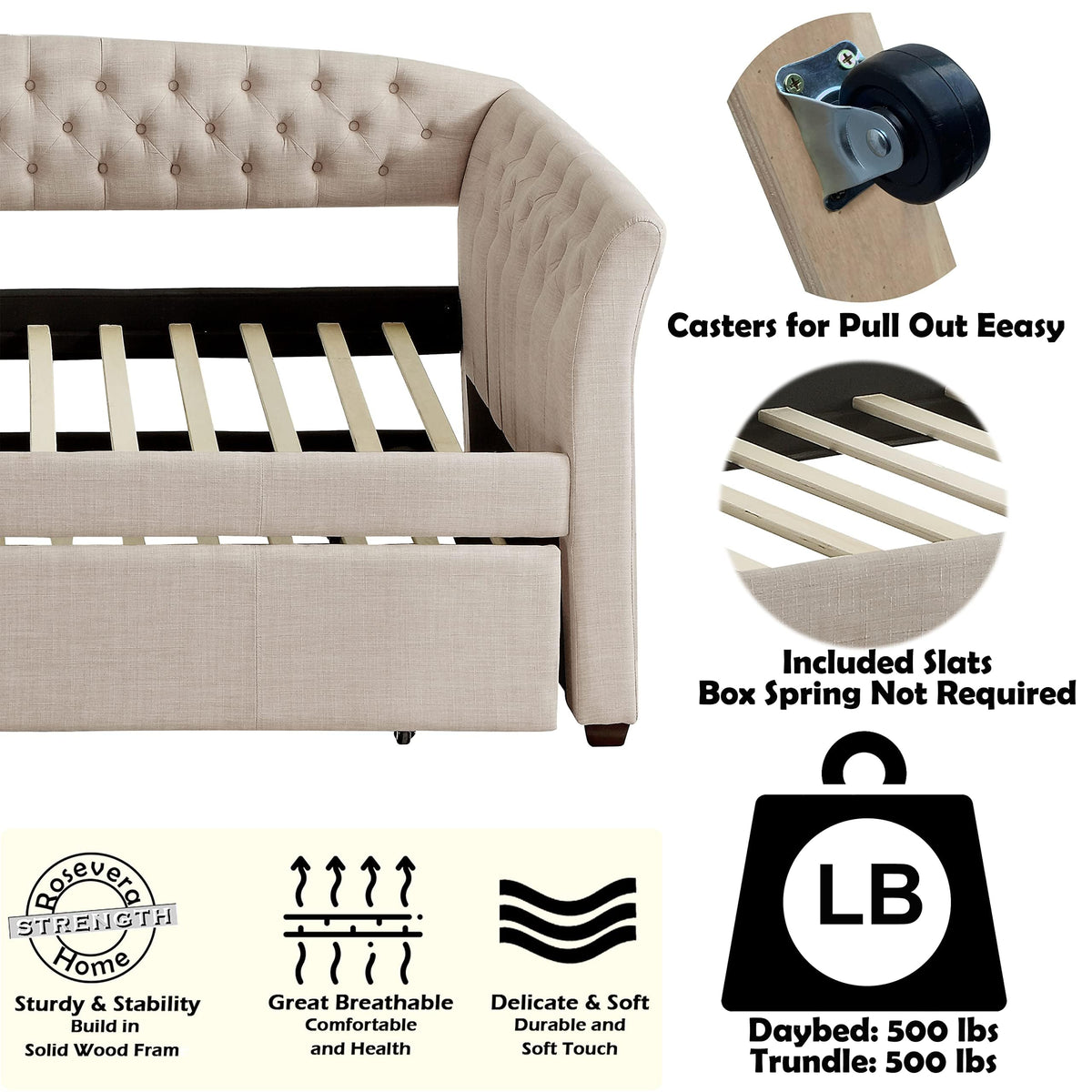Beige Velvet Tufted Upholstered Twin Daybed with Trundle S48248