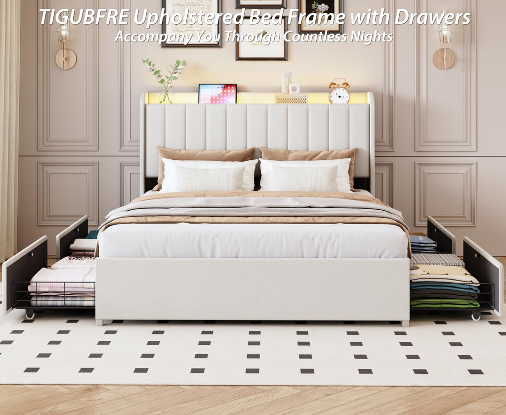 Beige Upholstered Full Size Bed Frame with 4 Drawers and Storage Headboard P46875