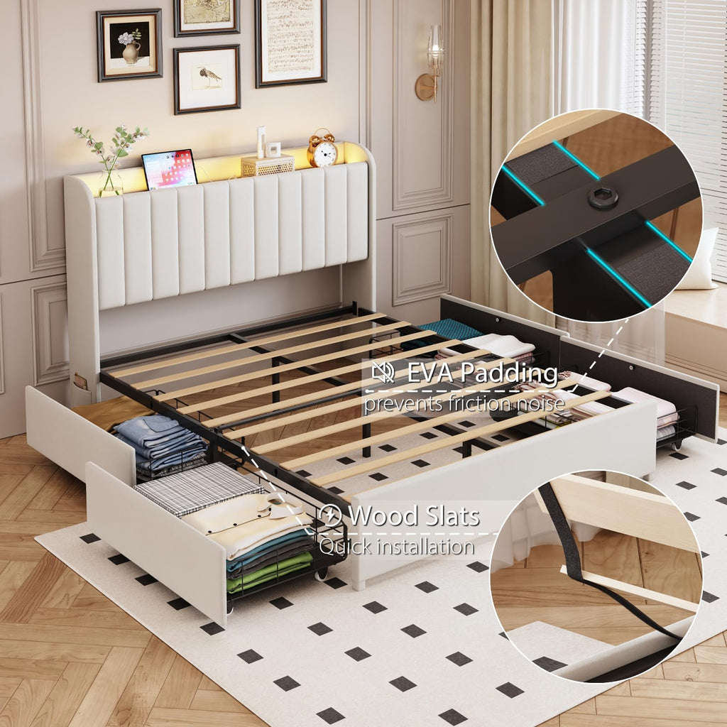 Beige Upholstered Full Size Bed Frame with 4 Drawers and Storage Headboard P46875