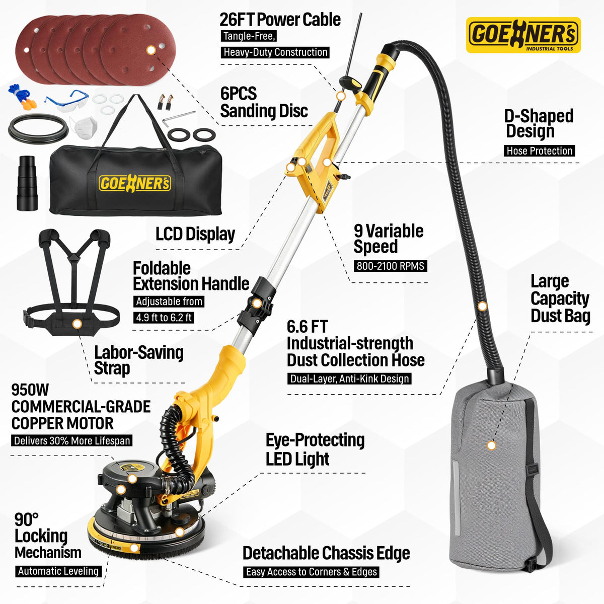 950W Electric Drywall Sander with Vacuum Dust Collector C97416
