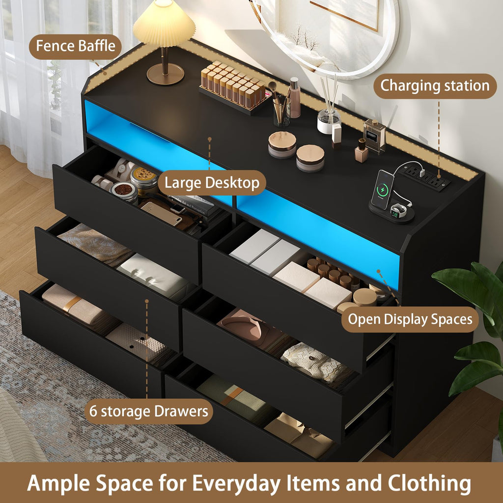 Black Dresser with LED Lights and Power Strip S61642