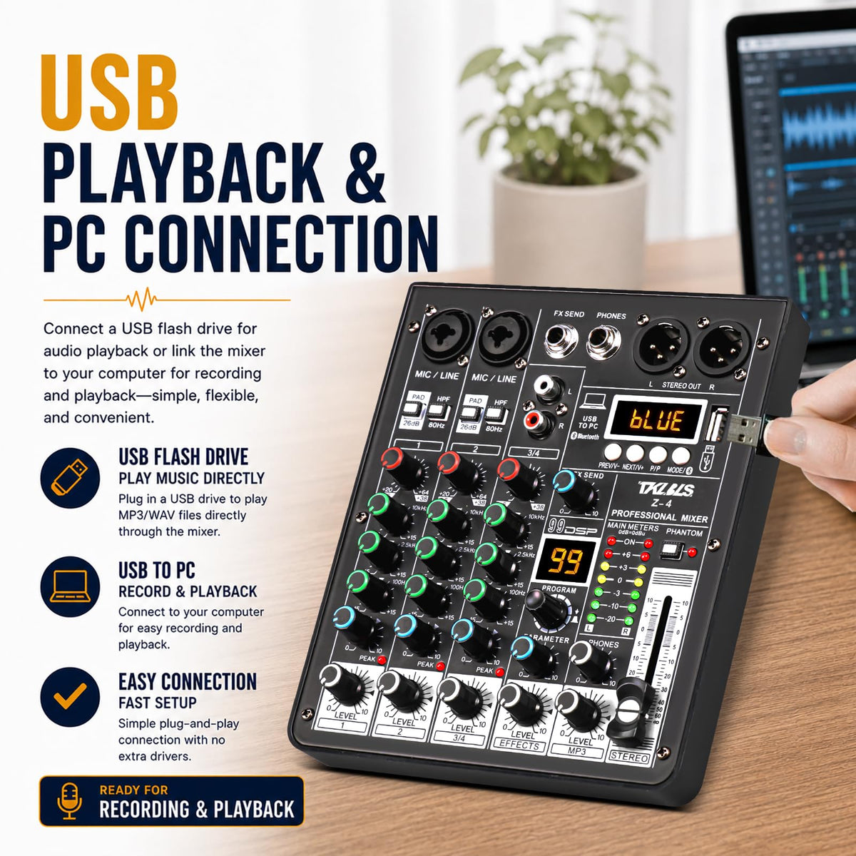 4 Channel Podcast Audio Mixer with 99 DSP Effects D394