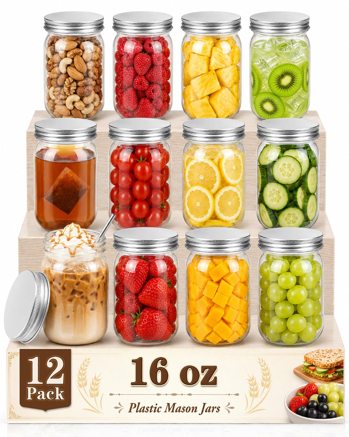 12 Pack 16 oz Clear Plastic Mason Jars with Lids Y211982