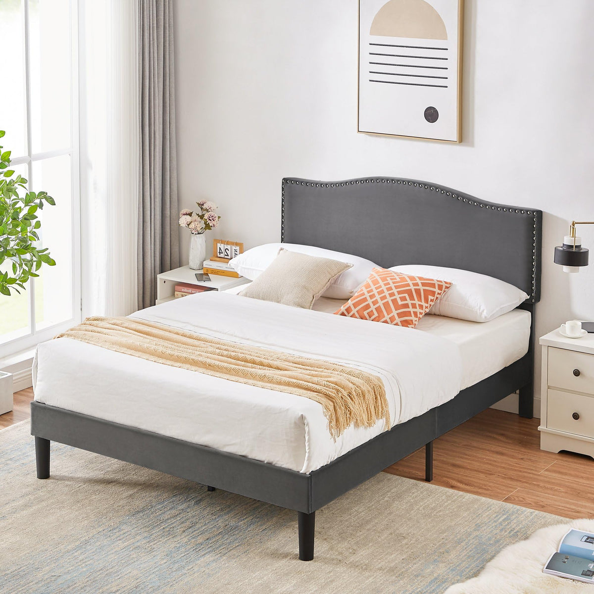 Full Bed Frame with Upholstered Headboard and Wooden Slats, Dark Grey F35349