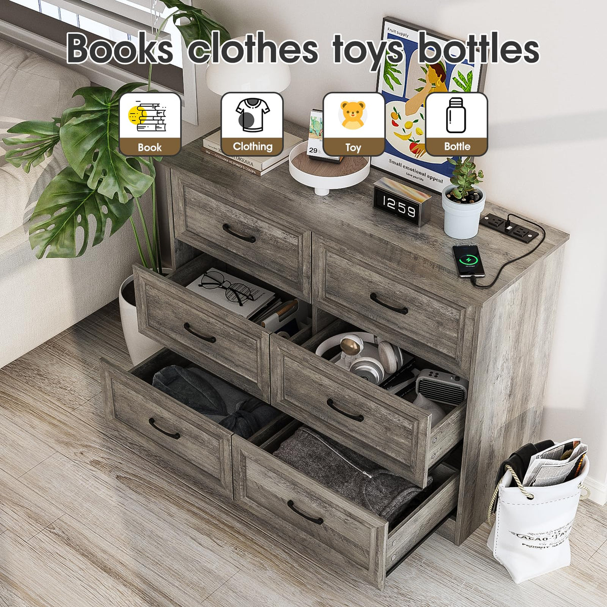 Ash Grey 6 Drawer Wood Dresser T568