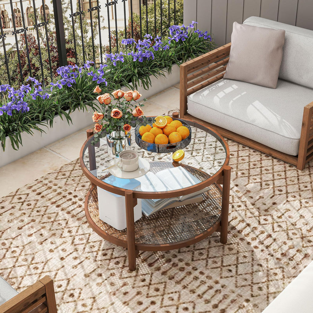 Rattan Round Glass Coffee Table with Storage Shelf U43660