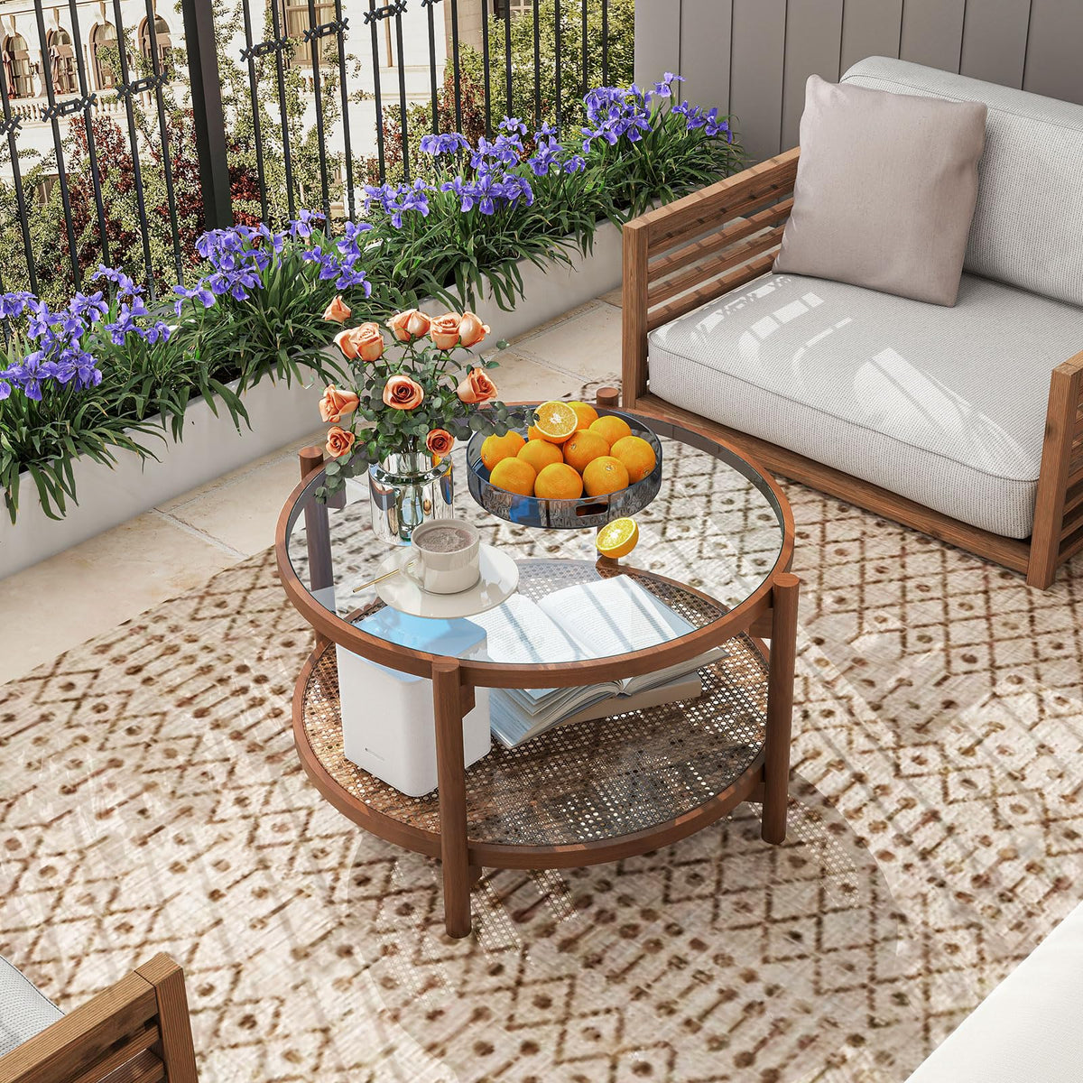 Rattan Round Glass Coffee Table with Storage Shelf U43660
