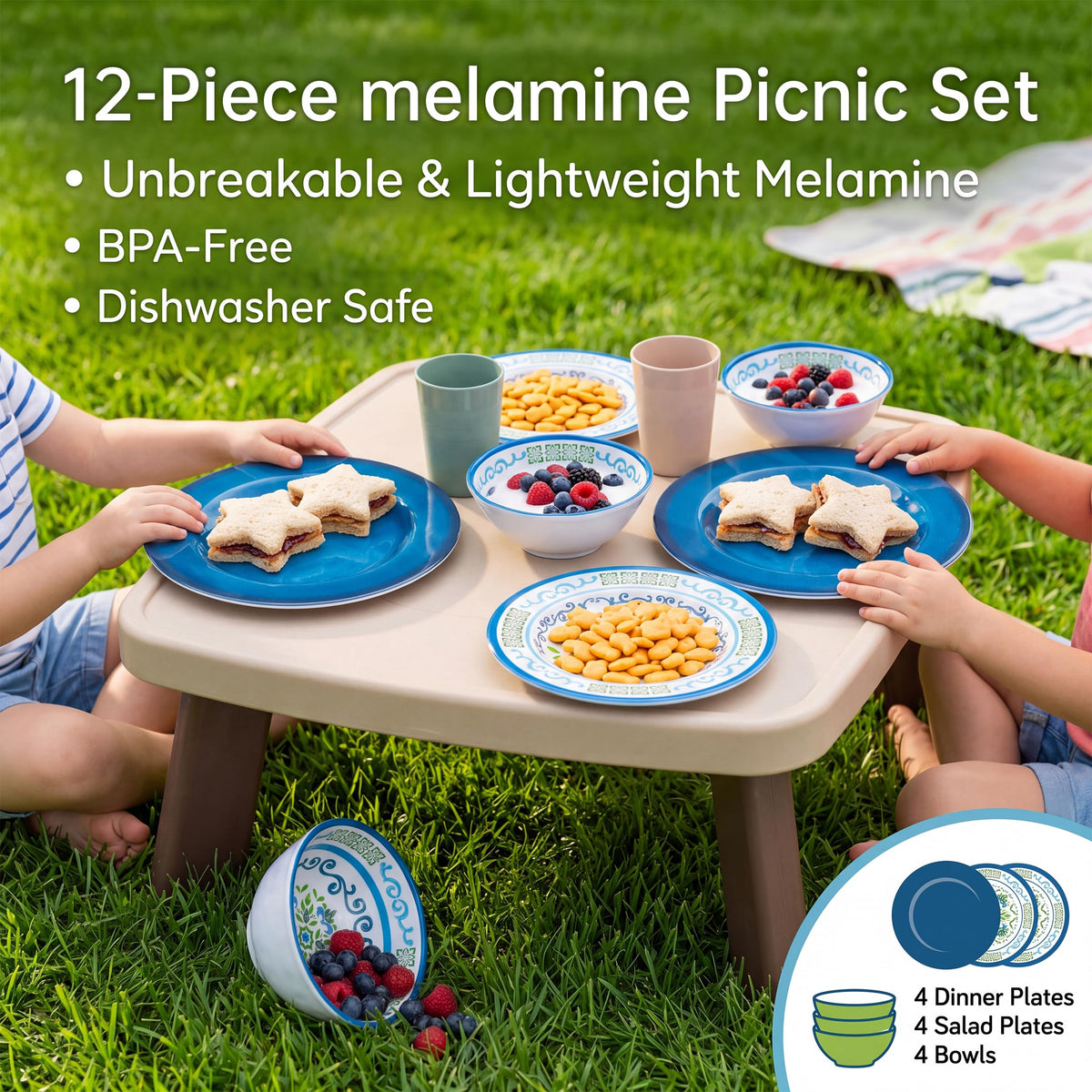 Melamine Dinnerware Set for 4, 12-Piece Blue Floral L978469