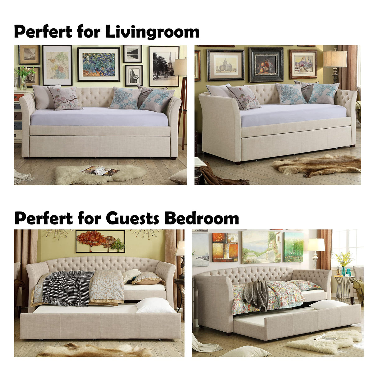 Beige Velvet Tufted Upholstered Twin Daybed with Trundle S48248