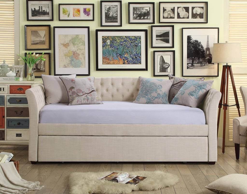 Beige Velvet Tufted Upholstered Twin Daybed with Trundle S48248