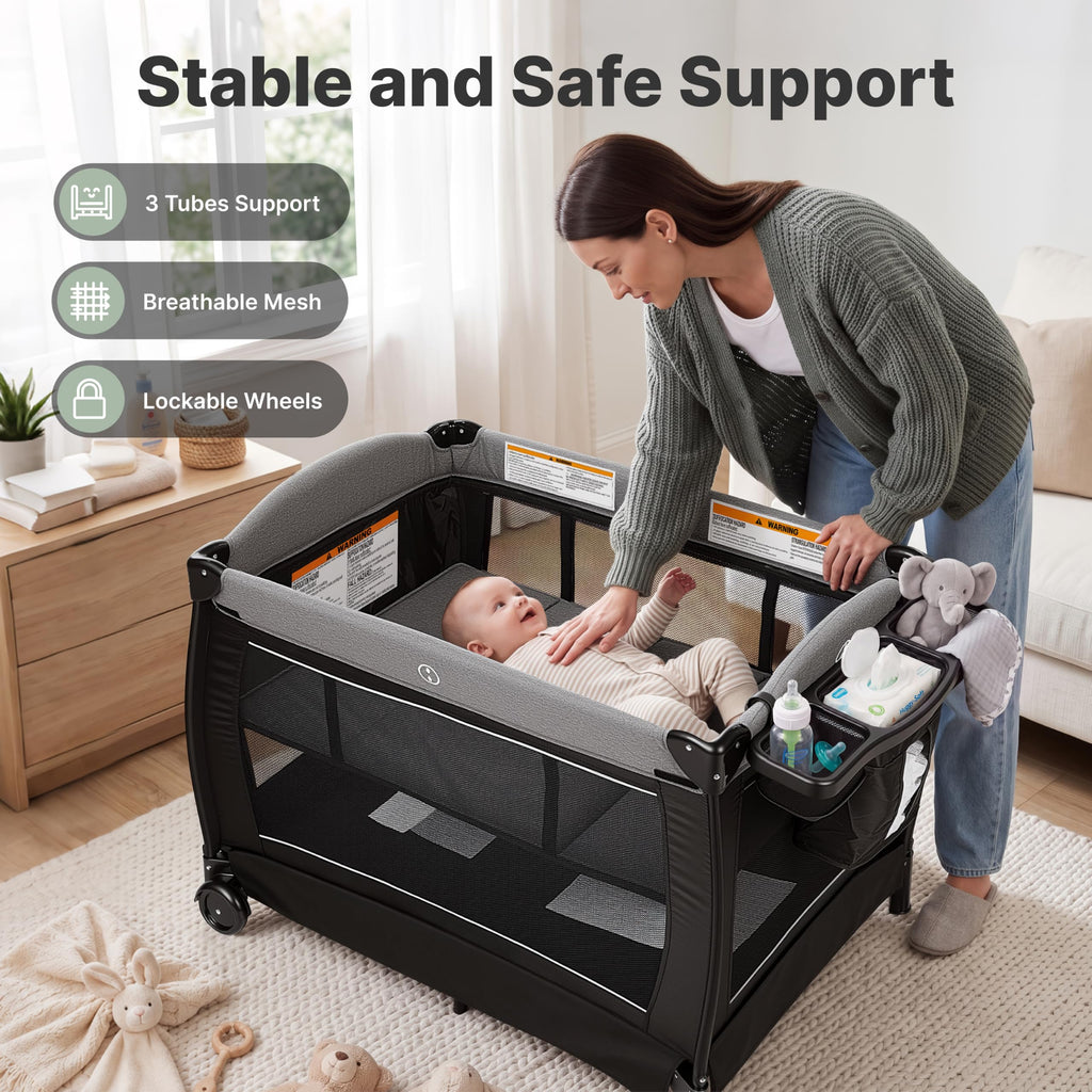 4-in-1 Pack and Play with Bassinet, Playpen, Diaper Changer, Black K730469
