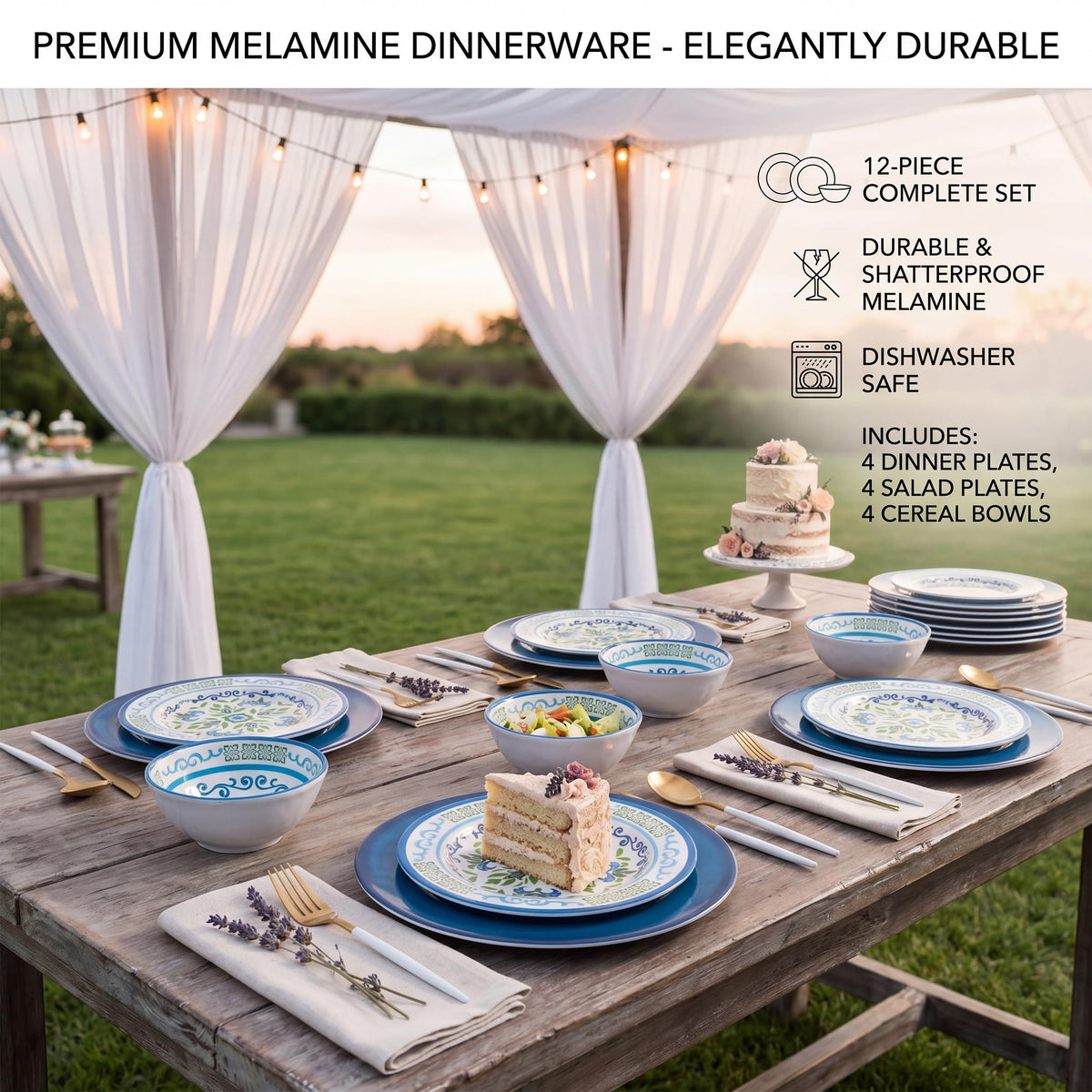 Melamine Dinnerware Set for 4, 12-Piece Blue Floral L978469